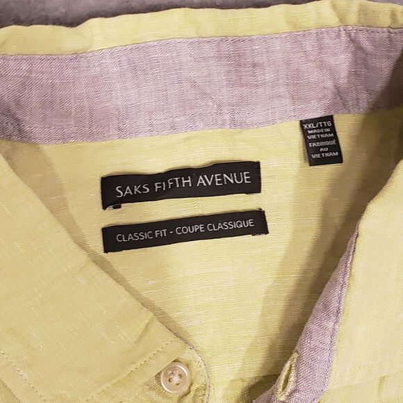 Saks Fifth Avenue 100% Linen Shirt Mens 2XL Yellow Summer Beach Vacation - Picture 3 of 6